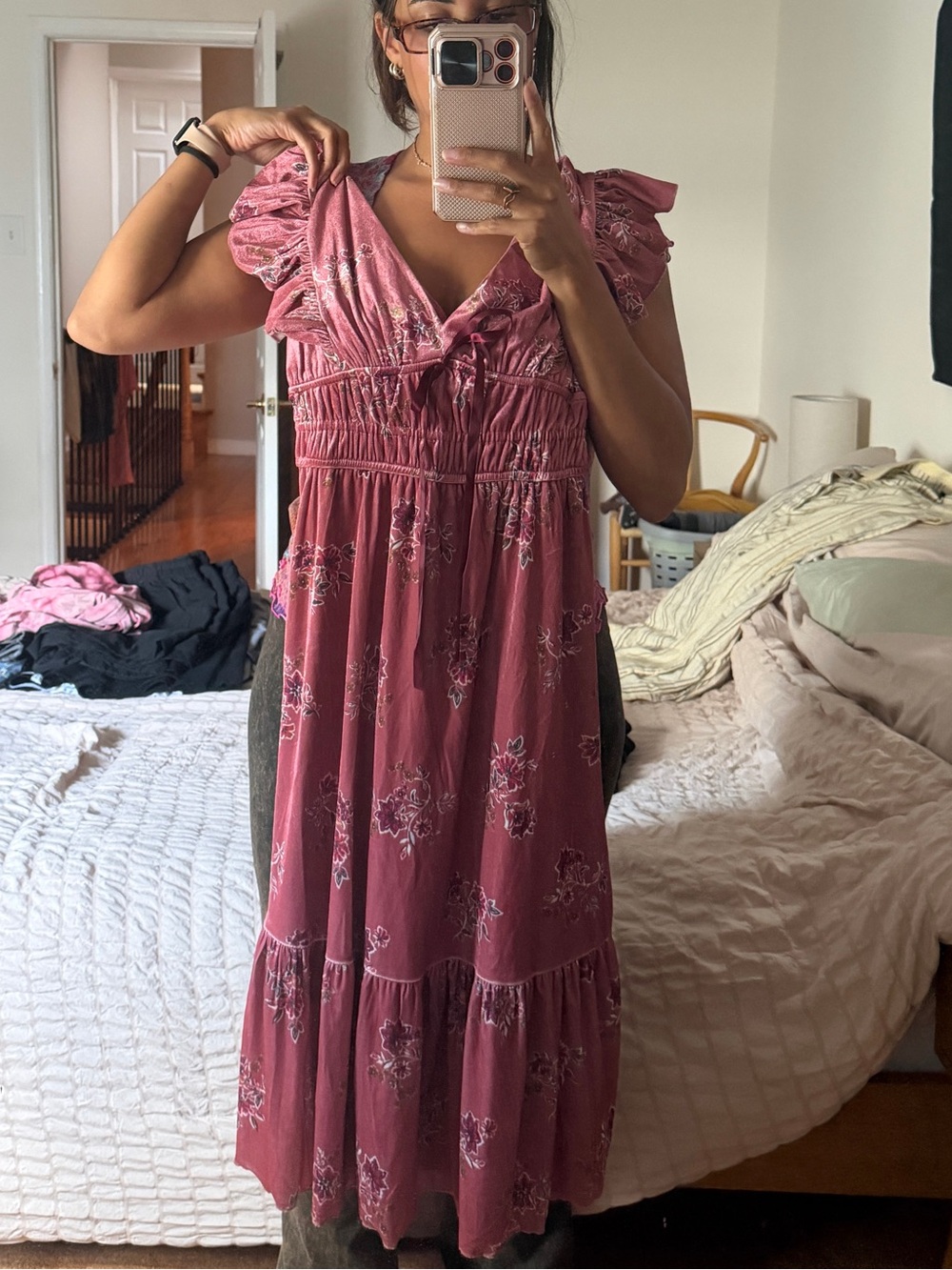 Francesca's Collections Velvet Mauve Floral Midi Dress with Ruffle Sleeves